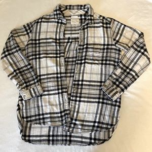 Black, gray, white flannel, plaid, button up